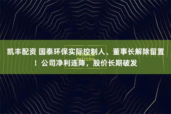 凯丰配资 国泰环保实际控制人、董事长解除留置！公司净利连降，股价长期破发